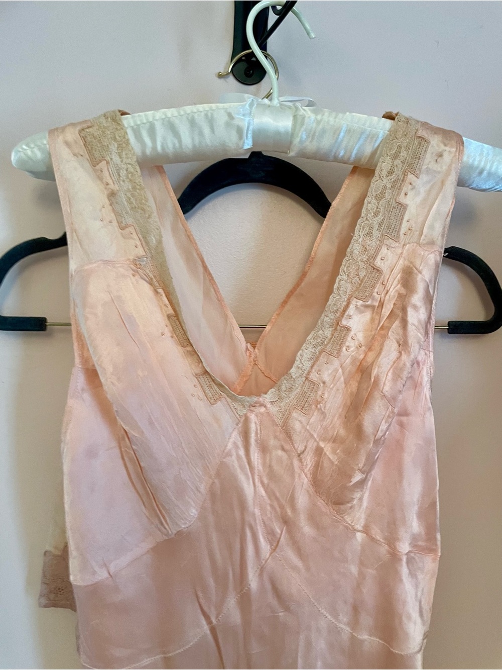 1930s Bias Cut Slipdress w Embroidered Detail Lace Trim Midi Length Liquid Satin - Picture 2 of 7